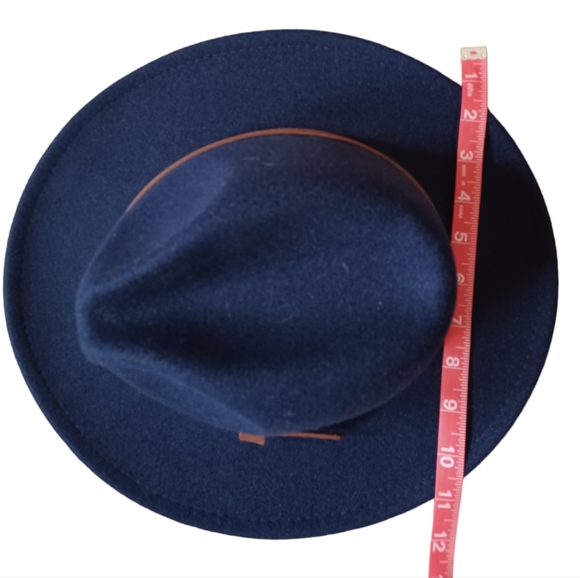 Navy Blue Women's Fedora Brimmed Hat, Brown Strap, Adjustable Size - Picture 7 of 11